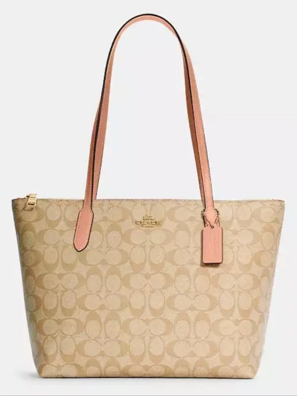 💝NEW COACH ZIP TOP TOTE IN SIGNATURE CANVAS/ LEATHER LIGHT KHAKI PINK